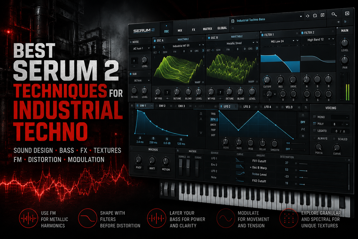 Dark industrial techno studio scene featuring a Serum 2 synthesizer interface, red waveform graphics, factory machinery, and text highlighting FM synthesis, distortion, modulation, bass design, and granular textures.
