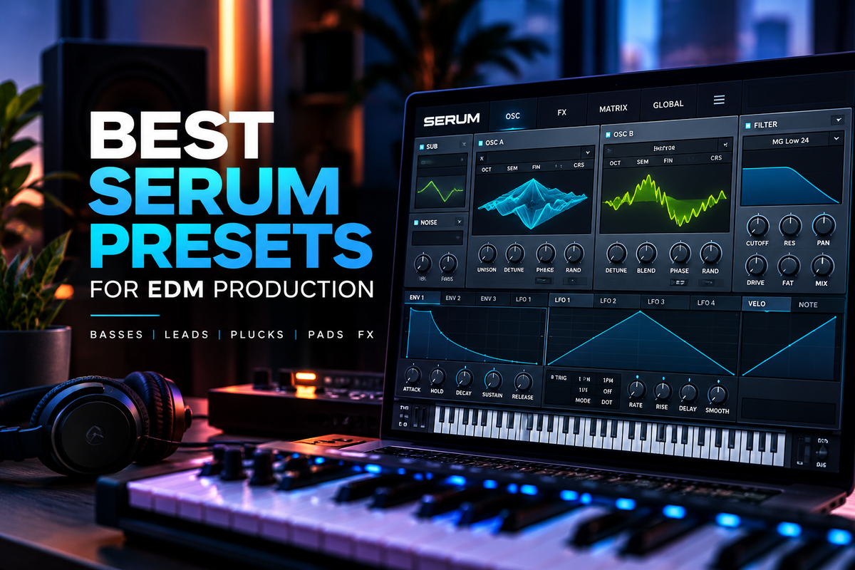 Best Serum presets for EDM production featuring bass, leads, plucks, pads, and FX in a professional music production studio