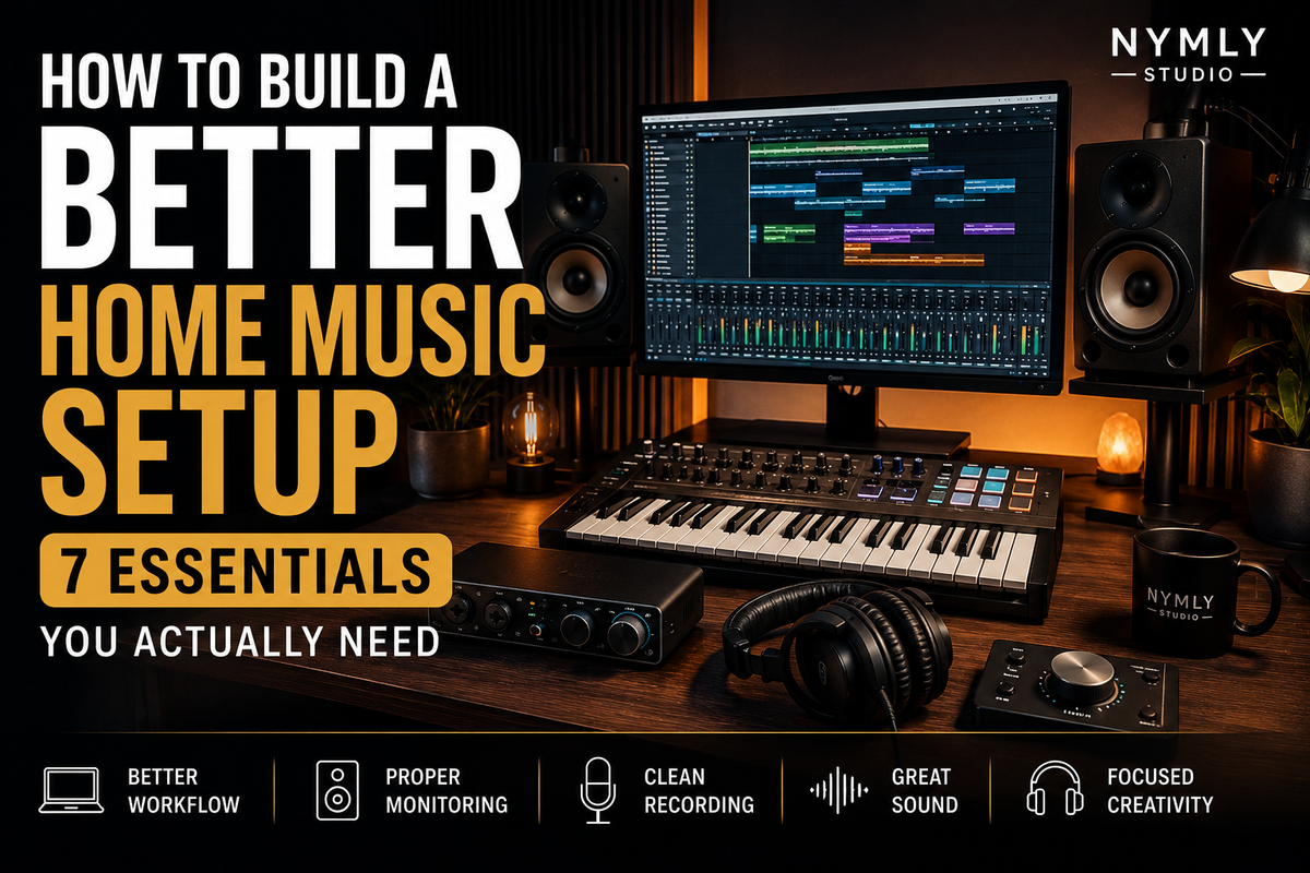 Modern home music studio with studio monitors, MIDI keyboard, audio interface, headphones, and DAW, featuring the headline “How to Build a Better Home Music Setup” and “7 Essentials You Actually Need.”