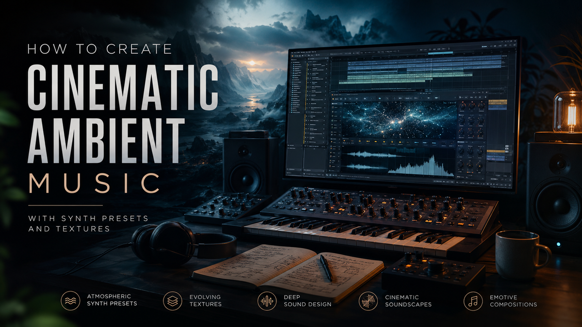 Music production setup for creating cinematic ambient music with synth presets and textures