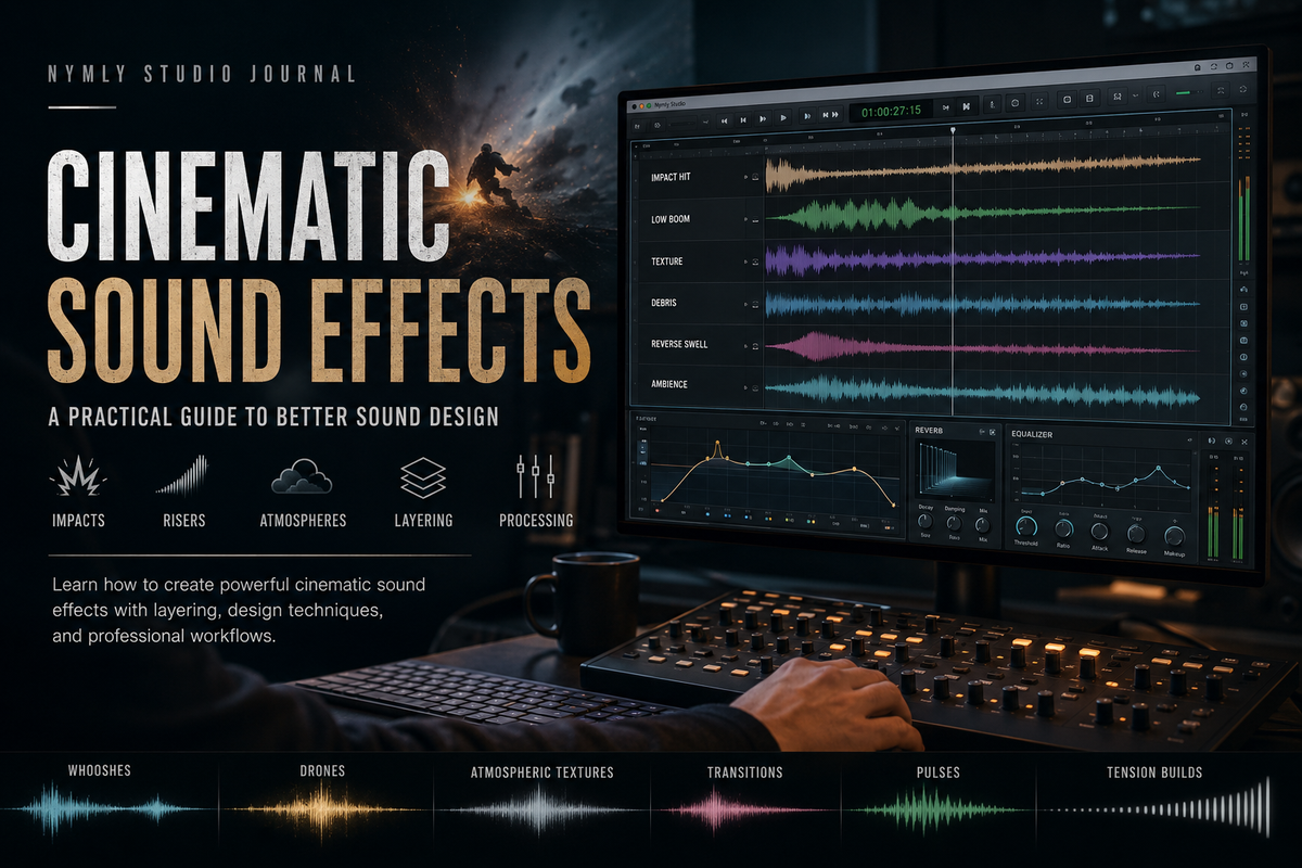 Professional sound designer creating cinematic sound effects in a DAW with layered waveforms, impacts, risers, ambience, and audio processing tools.