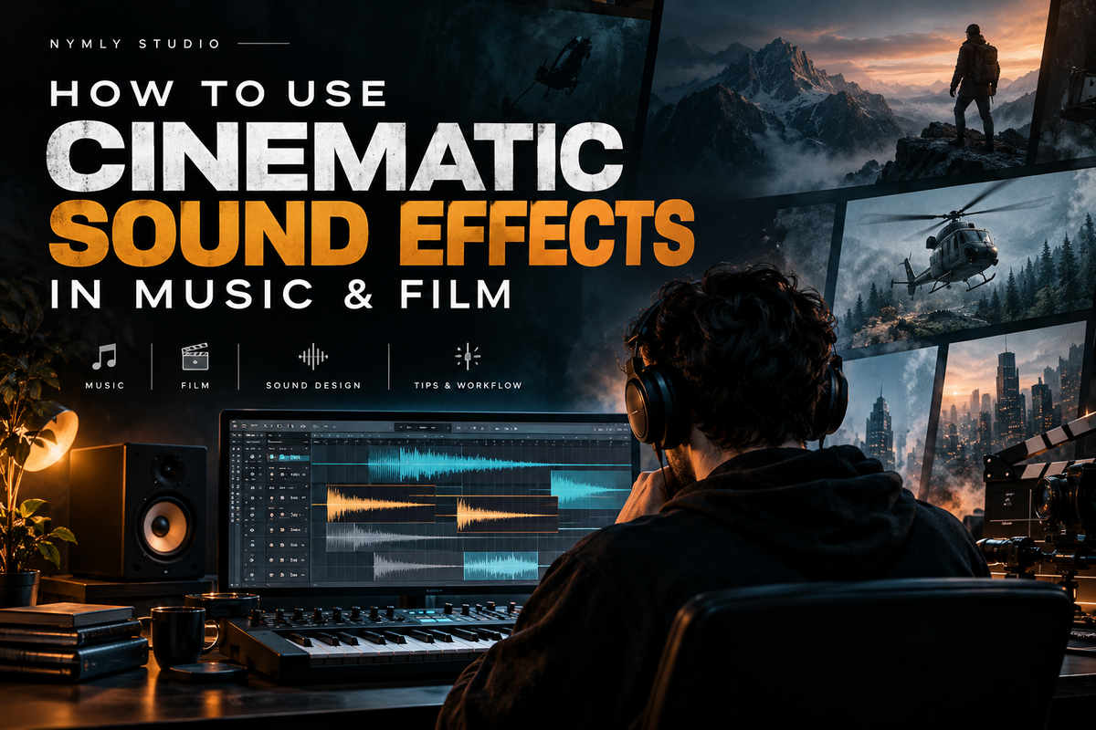 Cinematic sound effects in music and film production with a sound designer working in a studio and cinematic visuals on screen.