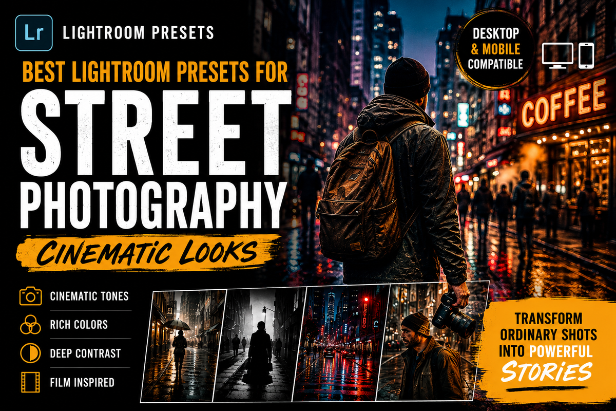 Cinematic Lightroom presets graphic featuring a rainy neon city street and photographer, with bold text promoting street photography presets, cinematic looks, rich colors, deep contrast, and film-inspired editing.