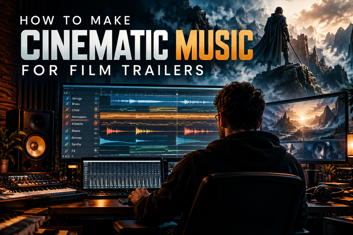 Cinematic music production studio with a DAW showing orchestral tracks, percussion, impacts and risers for film trailer music.