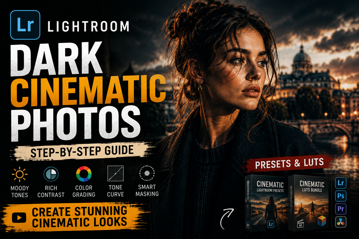 Dark cinematic Lightroom tutorial thumbnail featuring a moody portrait, dramatic city background, bold “Dark Cinematic Photos” title, editing features, and preset and LUT bundle visuals.