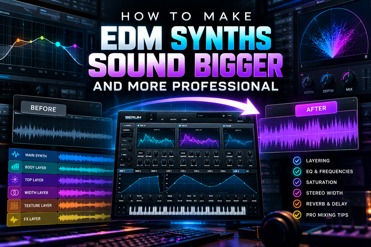 How to make EDM synths sound bigger and more professional with synth layering, EQ, saturation, stereo width, and mixing techniques.