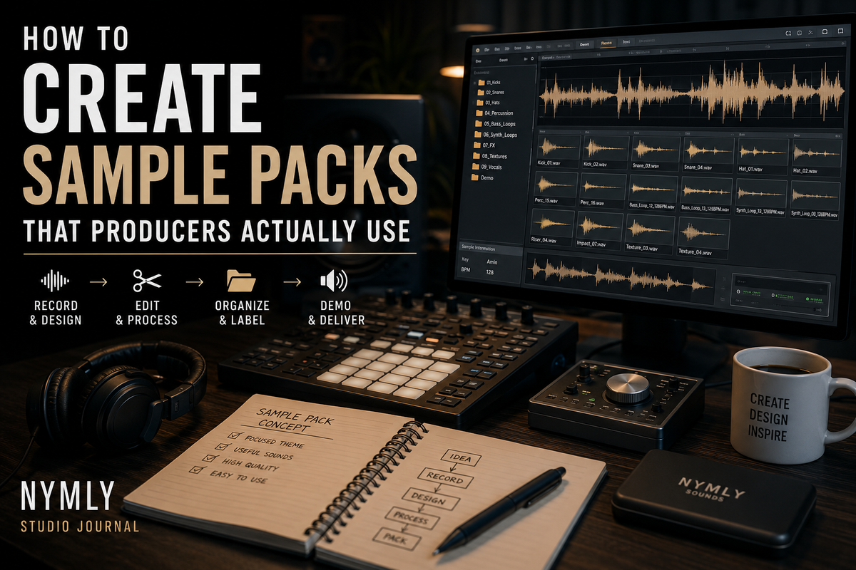 Music production workspace showing a sample pack creation workflow with audio waveforms, sound design tools, organized samples, and studio equipment.