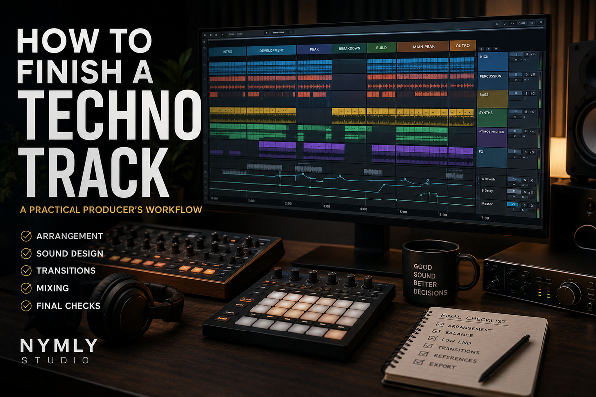 Dark professional music production studio with a DAW showing a techno track arrangement, surrounded by studio equipment, headphones, MIDI controllers, and a final production checklist.