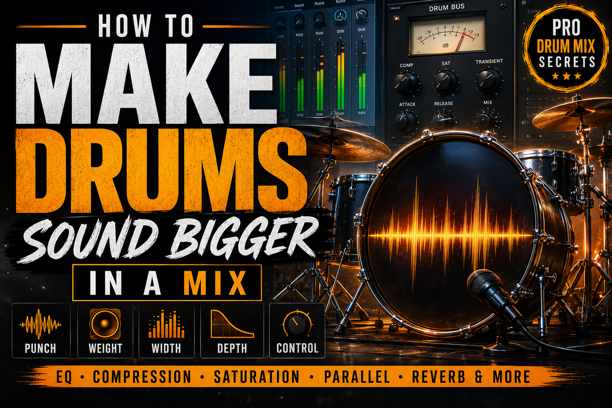 High-contrast cinematic drum mixing graphic titled “How to Make Drums Sound Bigger in a Mix,” featuring a large acoustic drum kit, drum bus processing interface, audio meters, and labels for punch, weight, width, depth, and control.