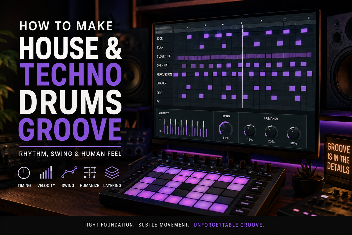 A dark, modern electronic music studio features a DAW drum grid, MIDI groove controls, and a purple-lit pad controller, illustrating techniques for creating tighter and more human House and Techno drum grooves.