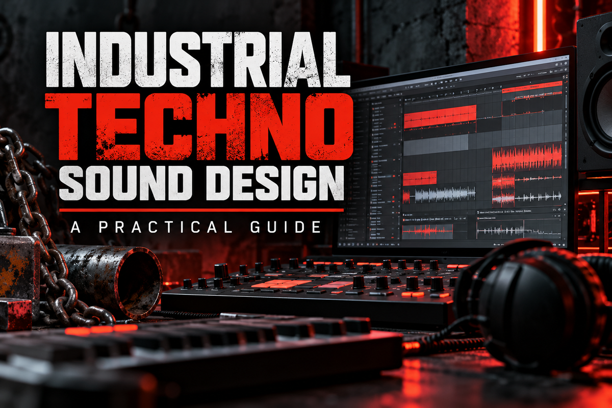 Industrial techno sound design guide with DAW, drum machine, metallic textures, and studio equipment