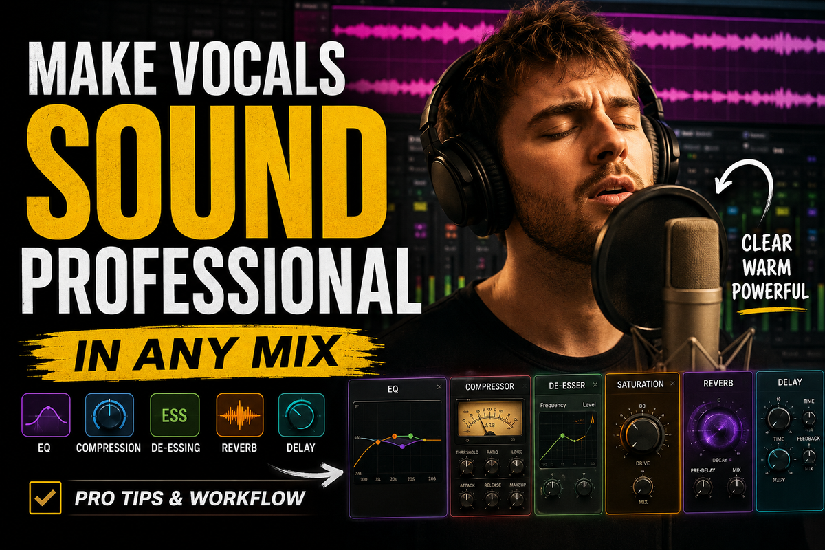 Music production tutorial thumbnail showing a singer recording into a microphone, with DAW vocal waveforms and EQ, compression, de-essing, saturation, reverb, and delay tools displayed.