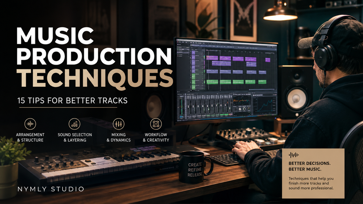 Music producer working in a home studio with a DAW, focused on music production techniques, arrangement, sound selection, mixing, and workflow.