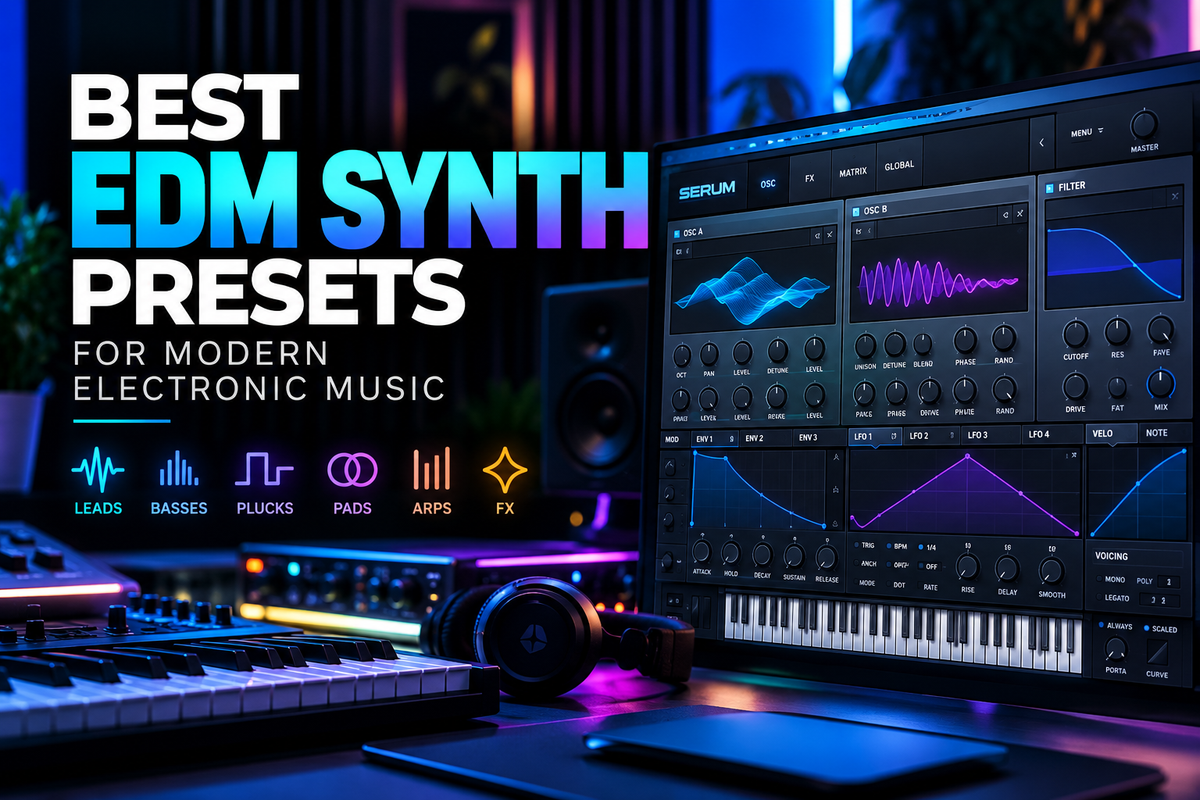 Best EDM synth presets for modern electronic music production, featuring synth leads, basses, plucks, pads, arps, and FX.