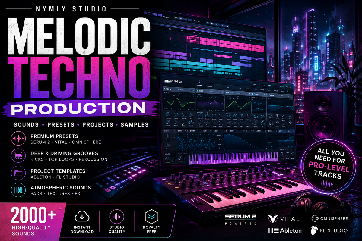 Melodic Techno Production promotional graphic featuring a neon-lit music studio, DAW and Serum 2 interface, MIDI keyboard, synth presets, grooves, project templates, atmospheric sounds, and Nymly Studio branding.