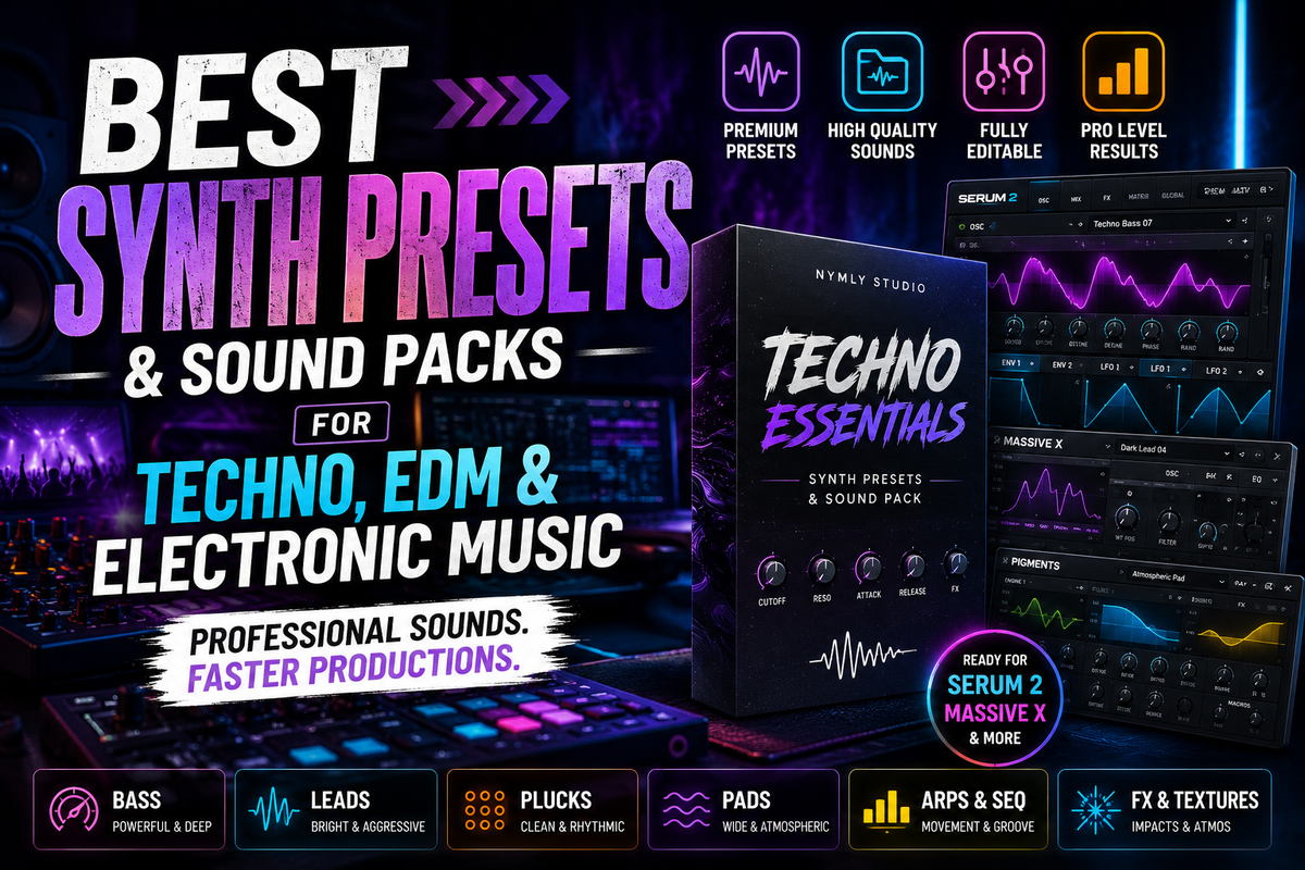 Cinematic electronic music studio graphic promoting synth presets and sound packs for Techno, EDM, and electronic music, with synth interfaces and sound categories.