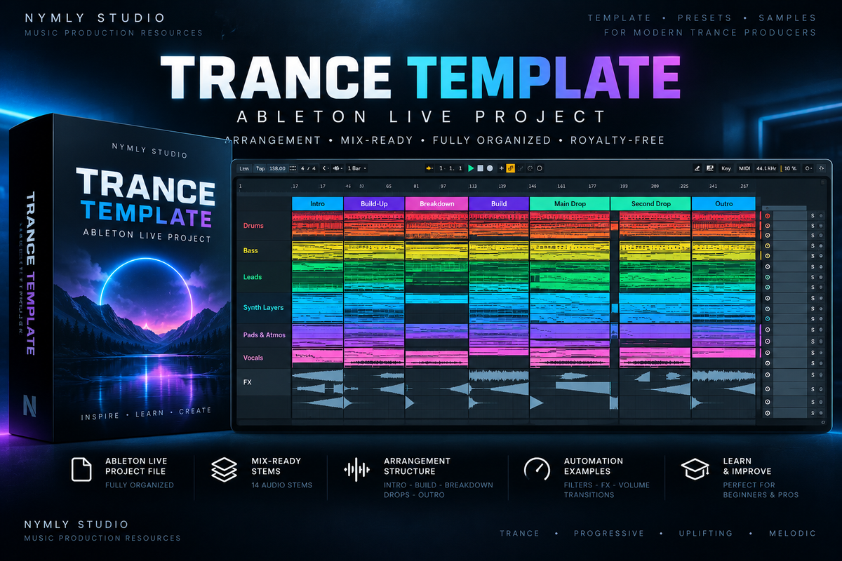 Ableton Live trance template showing a structured electronic music arrangement with drums, bass, leads, synth layers, pads and FX