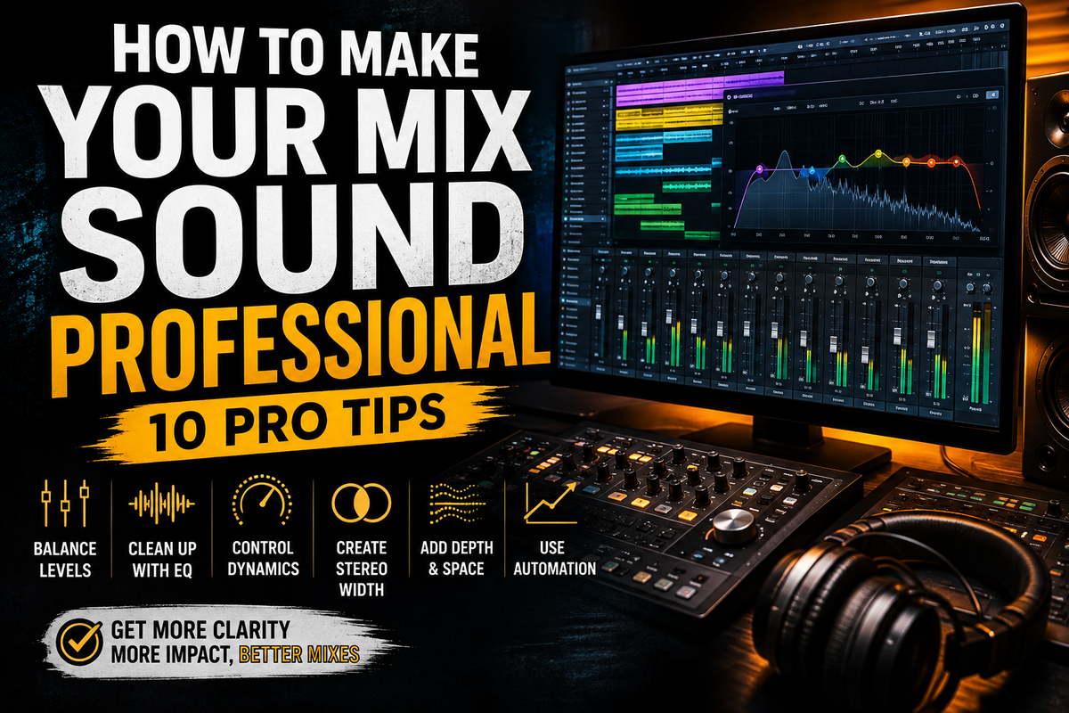 Dark professional music studio with a DAW mixer and EQ spectrum on a monitor, featuring the title “How to Make Your Mix Sound Professional” and visual tips for balance, EQ, dynamics, stereo width, depth, and automation.