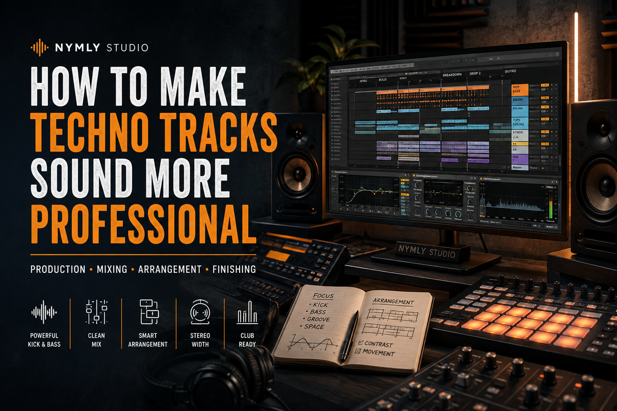 Professional techno music production session with drums, bass, synths, and automation in a DAW