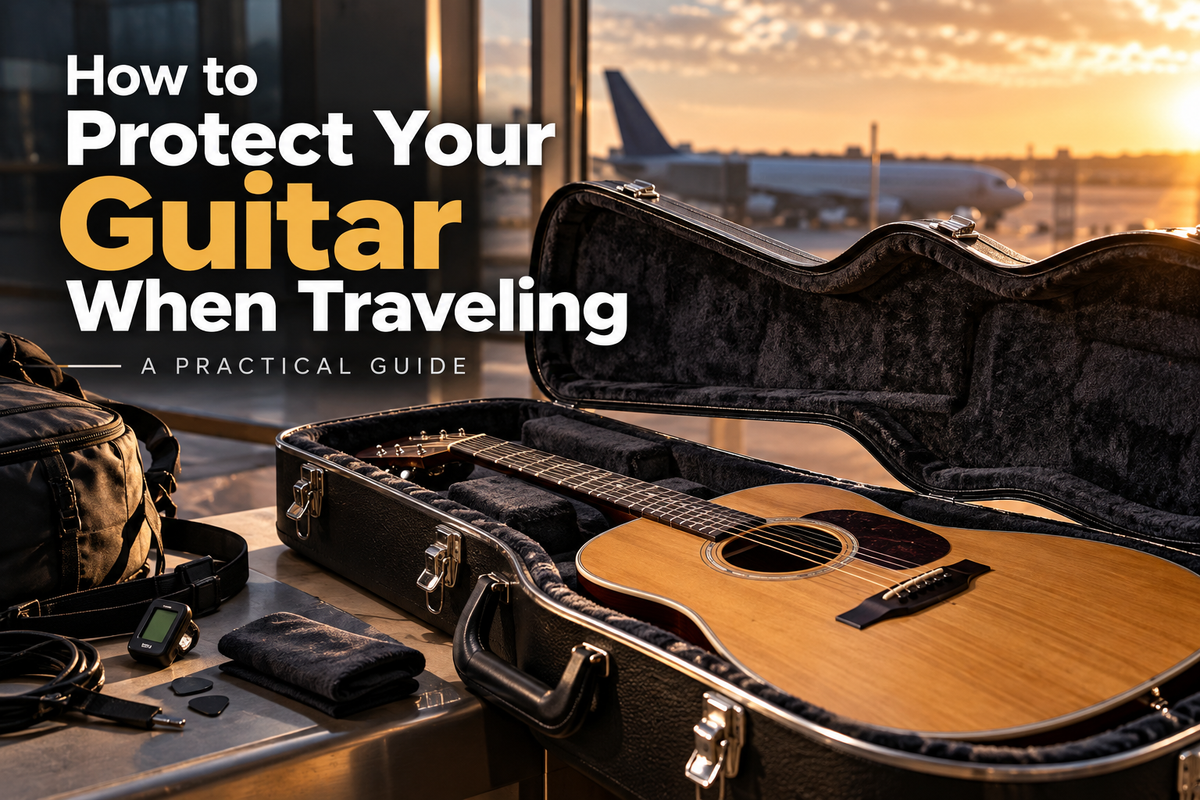 Acoustic guitar secured in a protective hard case with travel accessories in an airport terminal, illustrating safe guitar travel preparation.