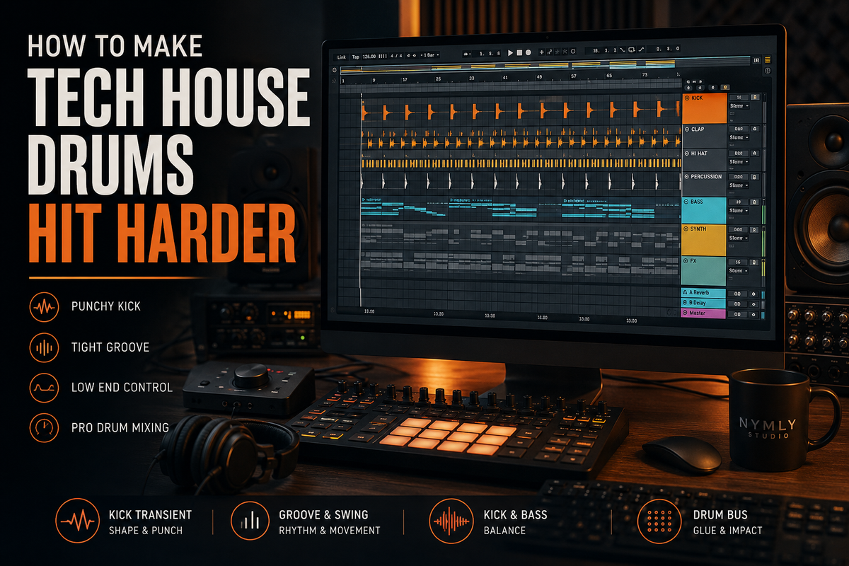 Tech house drum arrangement with kick, bass, percussion, and hi-hat tracks in a music production DAW.