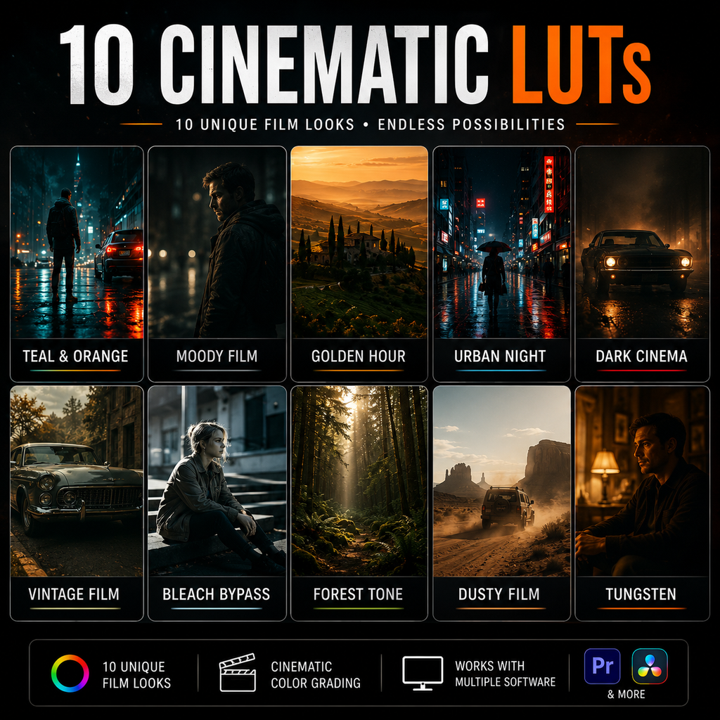 Promotional graphic for a set of 10 cinematic LUTs showing eight different film-style look panels with example images and text including Teal & Orange, Moody Film, Golden Hour, Urban Night, Dark Cinema, Vintage Film, Bleach Bypass, Forest Tone, Dusty Film, and Tungsten. A color wheel and software compatibility icons appear at the bottom on a black background.