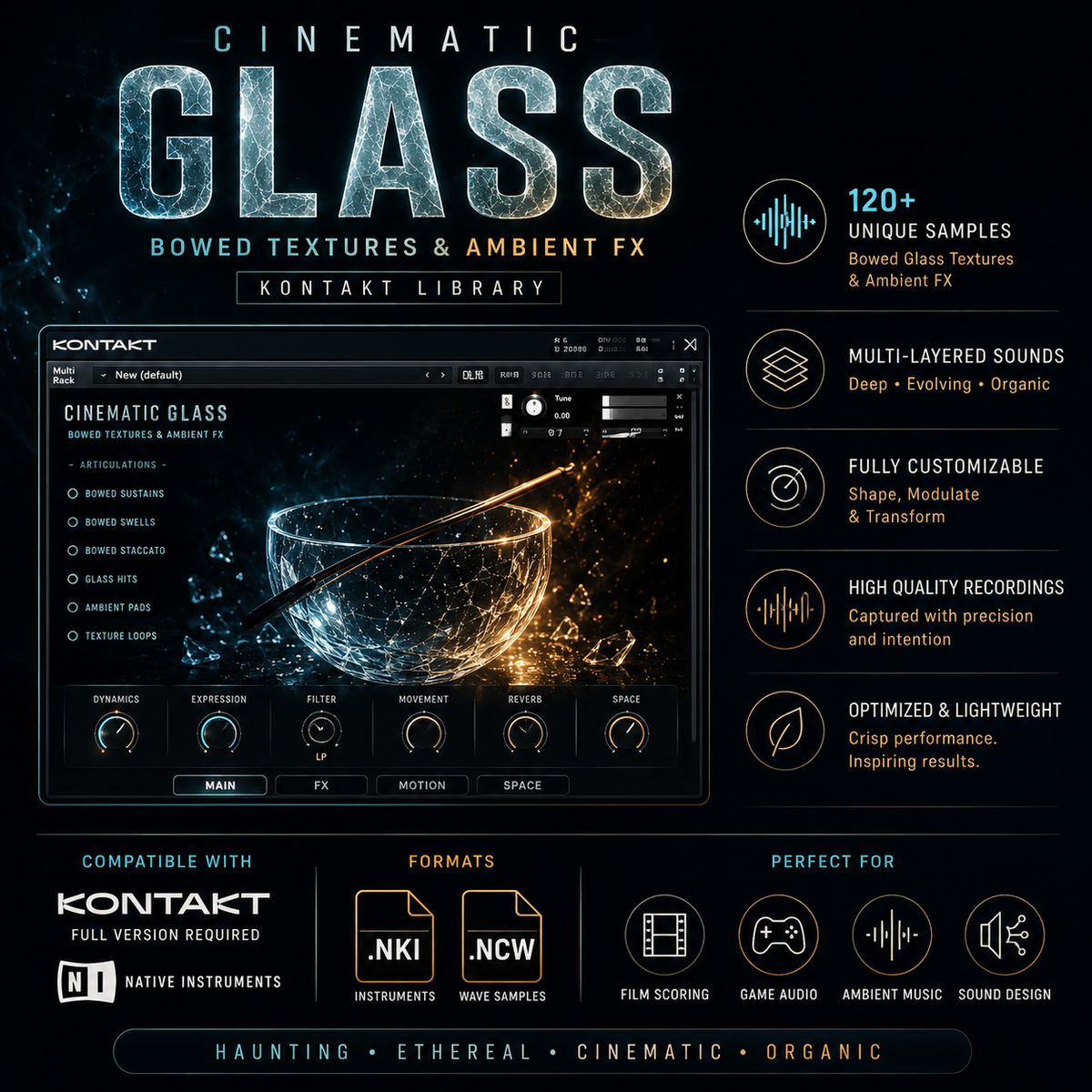 Promotional graphic for Kontakt Library's Cinematic Glass audio plugin, featuring a dark textured design with a glass bowl visual, text callouts about 120+ unique samples, and compatibility icons for Kontakt and Native Instruments.