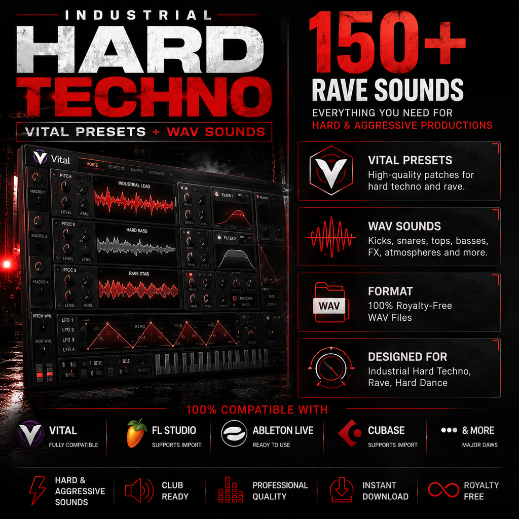 Promotional graphic for Vital Presets + WAV Sounds industrial hard techno presets, featuring a large dark virtual instrument interface on the left and marketing text on the right including '150+ RAVE SOUNDS' and compatibility badges for Vital, FL Studio, Ableton Live, and Cubase.