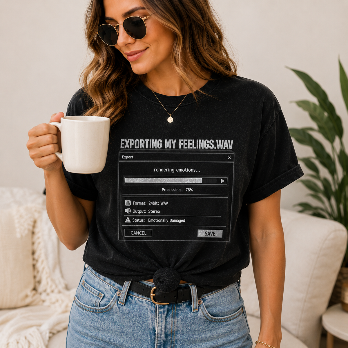 A woman wearing a black graphic t-shirt with a computer error-style print that reads 'EXPORTING MY FEELINGS.WAV' and 'Processing - 78%'.
