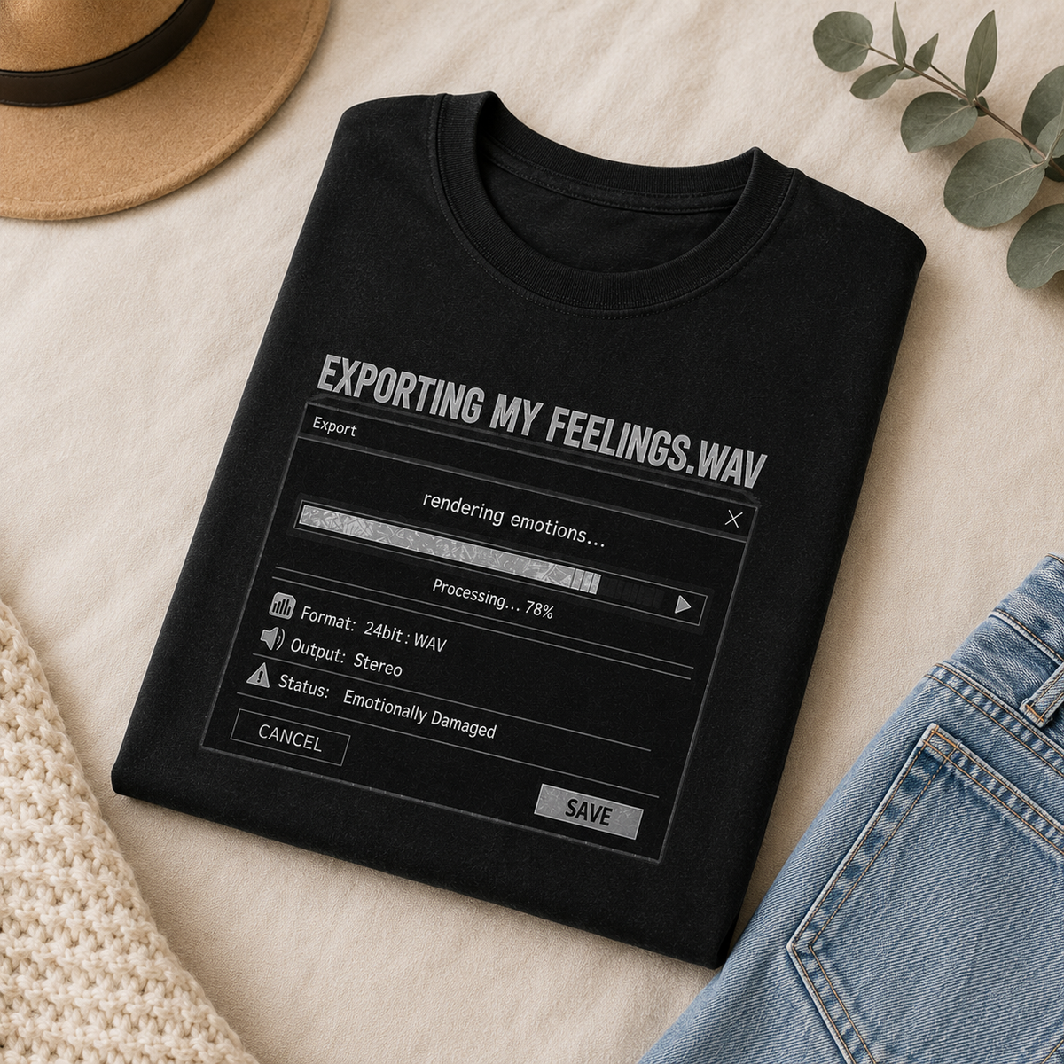 A black short-sleeve T-shirt laid flat on a light beige fabric surface, styled with a straw hat, eucalyptus leaves, a knit textile, and blue jeans. The shirt has a printed graphic resembling a computer dialog box with the text 'EXPORTING MY FEELINGS.
