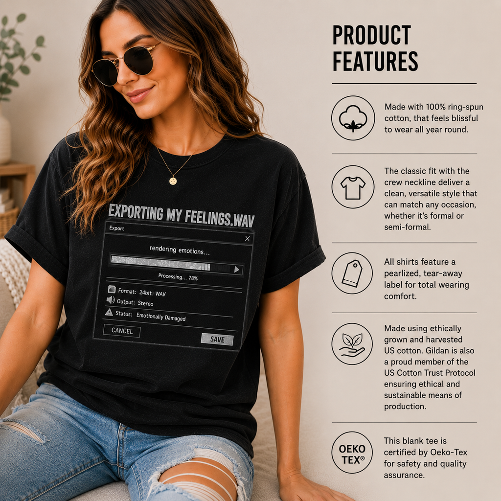 A woman wearing a black graphic T-shirt with a printed computer dialog box reading 'EXPORTING MY FEELINGS,WAV' and 'rendering emotions: Processing.