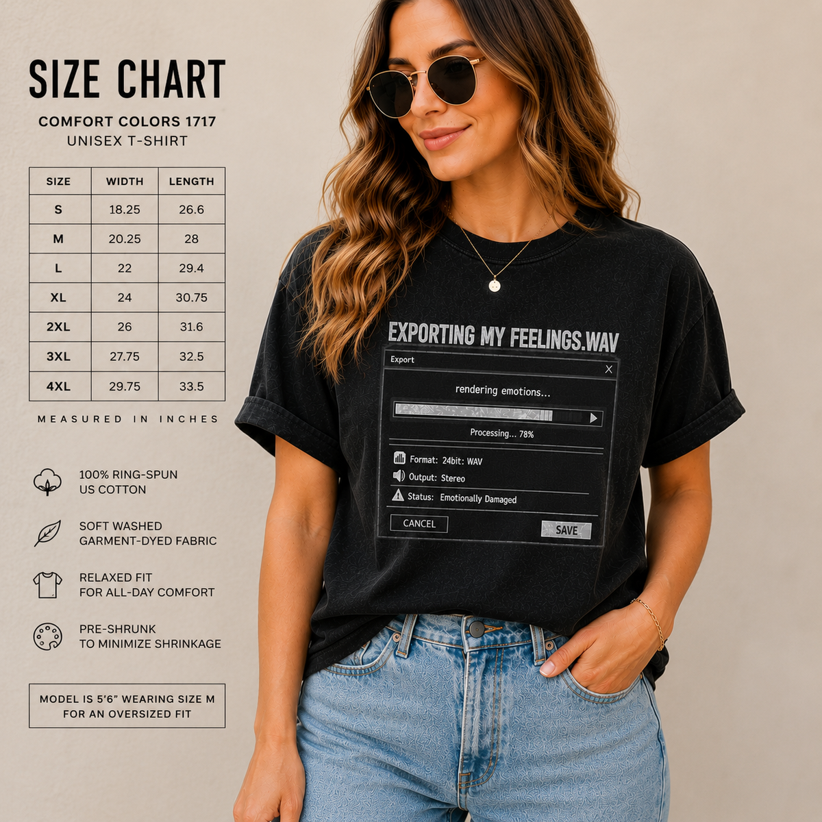 A woman wearing a black graphic T-shirt and light blue jeans stands against a beige wall, with a size chart and product feature callouts overlaid on the left side of the image. The shirt graphic shows a computer dialog box with the text 'EXPORTING MY FEELINGS.