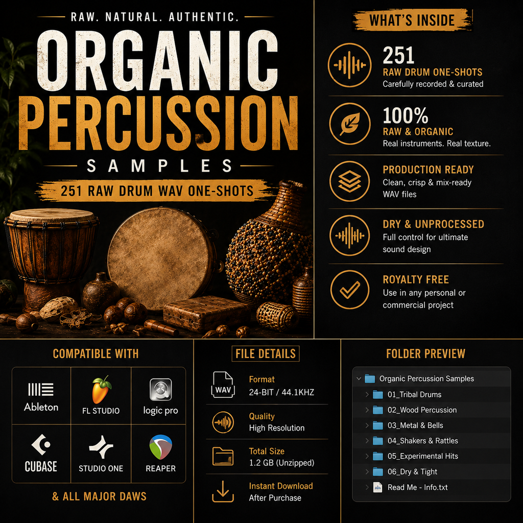 Promotional graphic for a digital sample pack titled 'Organic Percussion Samples' with large textured typography, percussion instruments in a rustic setting, and multiple feature callouts including '251 Raw Drum One-Shots,' '100% Raw & Organic,' 'Production Ready,' 'Dry & Unprocessed,' and compatibility with Ableton, FL Studio, logic pro, Cubase, Studio One, Reaper, and DAWs.