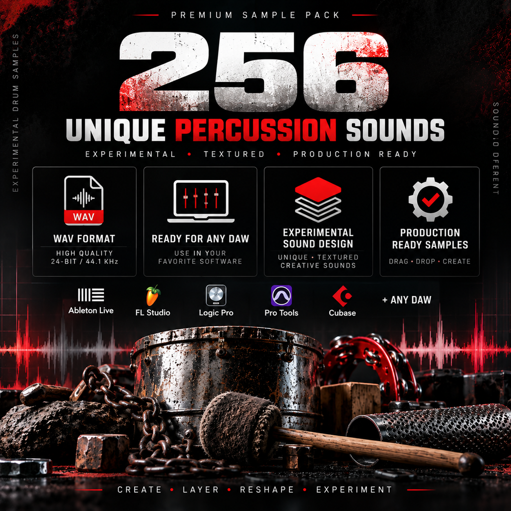 Promotional graphic for a '256 Unique Percussion Sounds' premium sample pack, featuring a dark industrial background with metallic drums, chains, and mallets, alongside feature badges and software compatibility logos.
