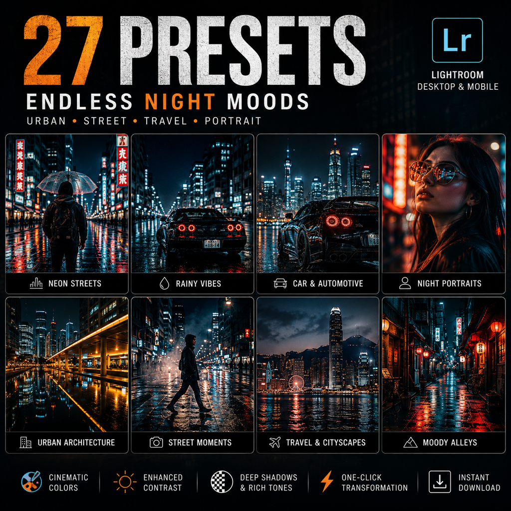 Promotional graphic for a digital preset pack titled '27 Presets Endless Night Moods' with six example night-scene photos and text labels such as neon streets, car & automotive, night portraits, urban architecture, street moments, travel & cityscapes, and moody alleys. A Lightroom logo appears in the top right.