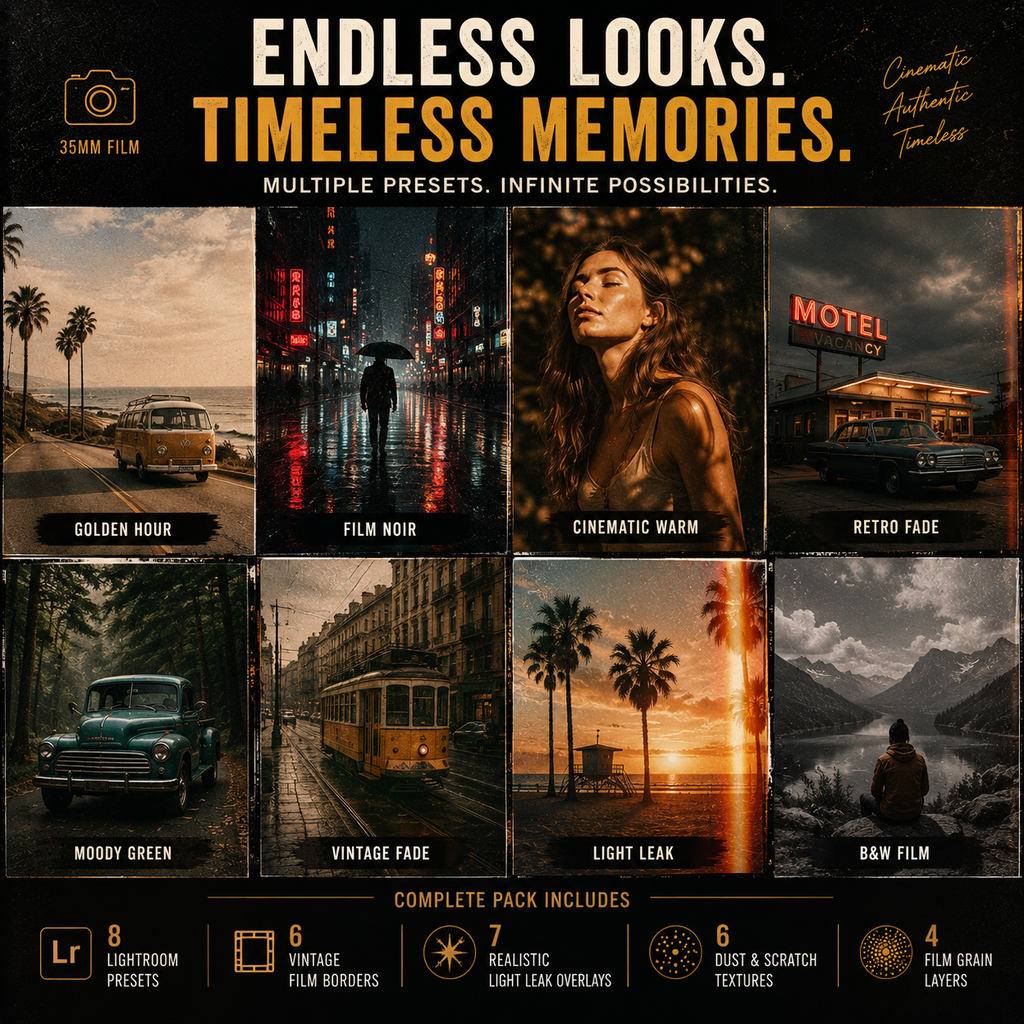 Promotional graphic for a photo editing preset pack titled 'ENDLESS LOOKS. TIMELESS MEMORIES.