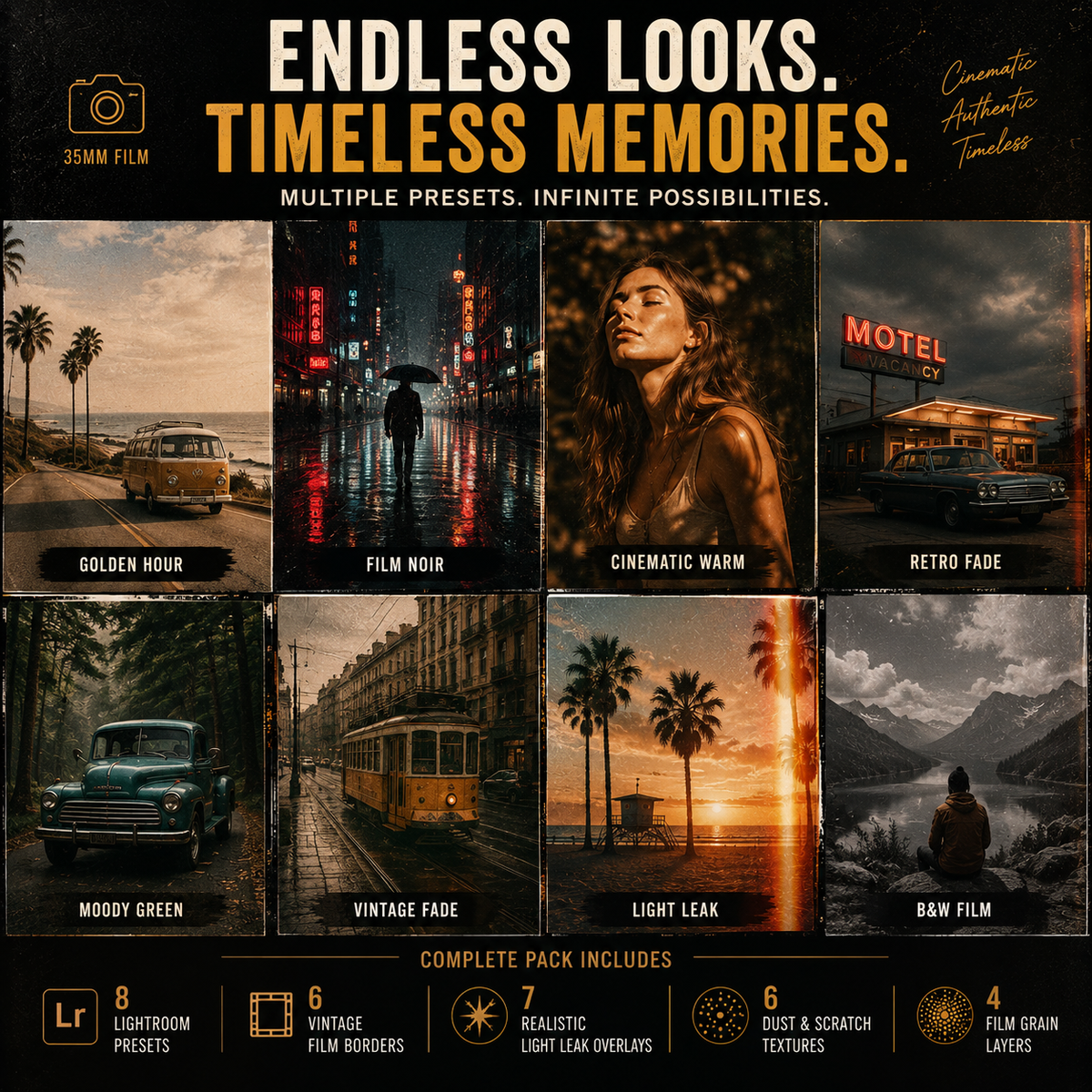Promotional graphic for a photo editing preset pack titled 'ENDLESS LOOKS. TIMELESS MEMORIES.