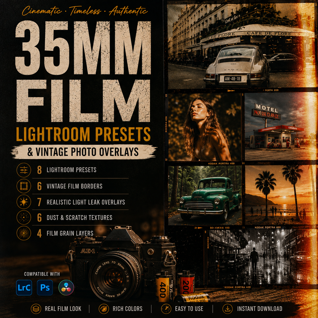 Promotional graphic for '35MM FILM Lightroom Presets & Vintage Photo Overlays' with large distressed text, sample vintage photos, a camera illustration, and compatibility icons for Lightroom and Photoshop.