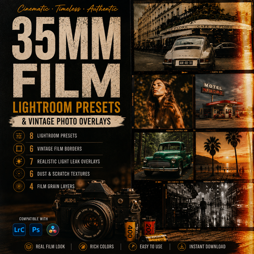 Promotional graphic for '35MM FILM Lightroom Presets & Vintage Photo Overlays' with large distressed text, sample vintage photos, a camera illustration, and compatibility icons for Lightroom and Photoshop.