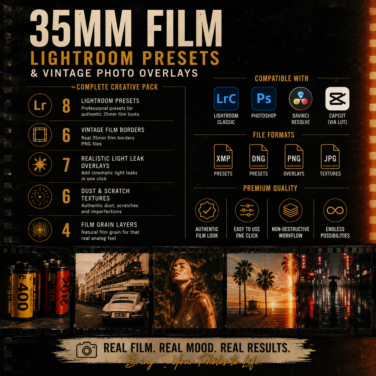 Promotional graphic for a 35mm Film Lightroom Presets & Vintage Photo Overlays pack, showing feature icons, software compatibility logos, file formats, and example vintage-style photo strips at the bottom.