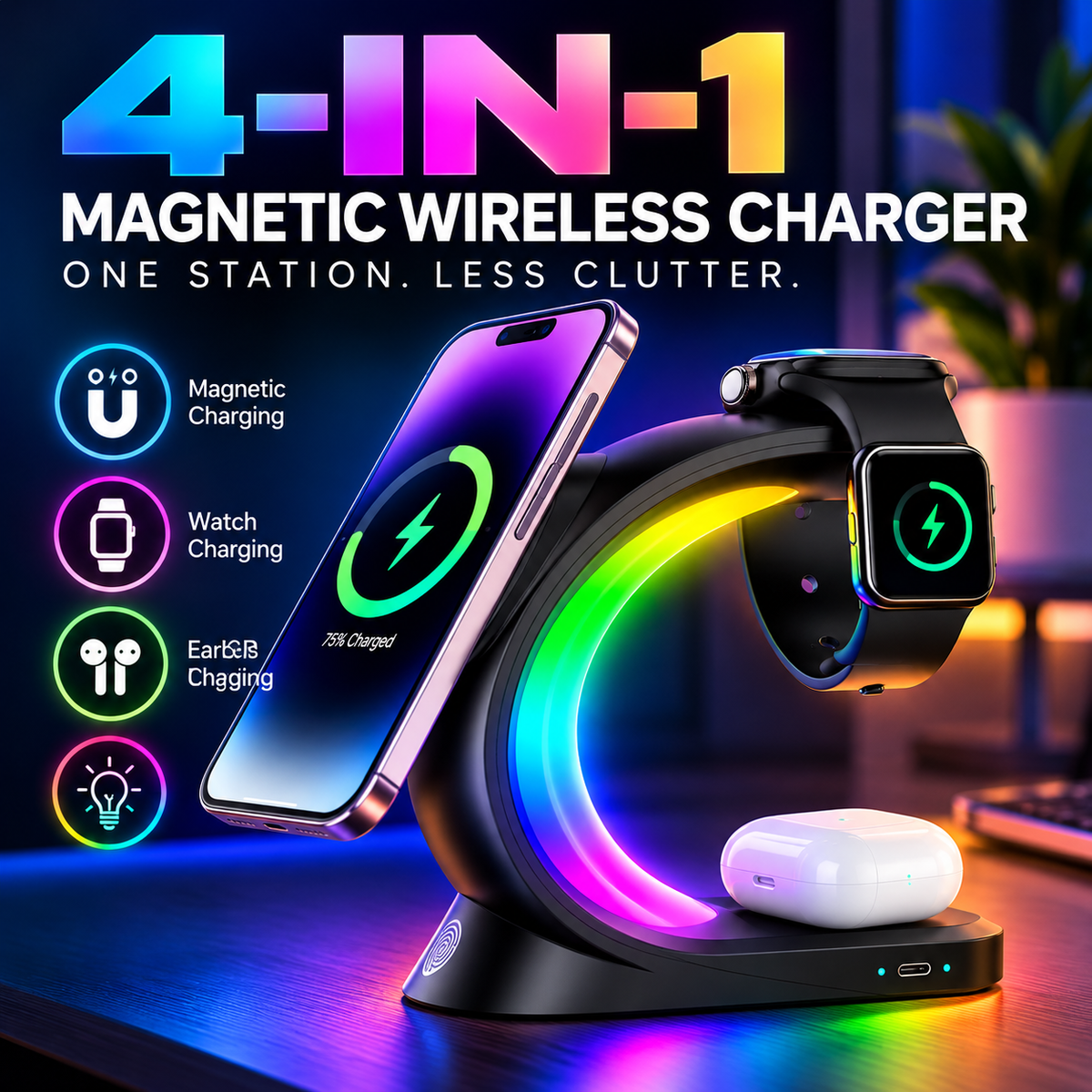 A 4-in-1 magnetic wireless charging stand shown with a smartphone, smartwatch, and white earbud case on a desk. The stand has a glowing rainbow LED ring and is set against a blurred home office background.