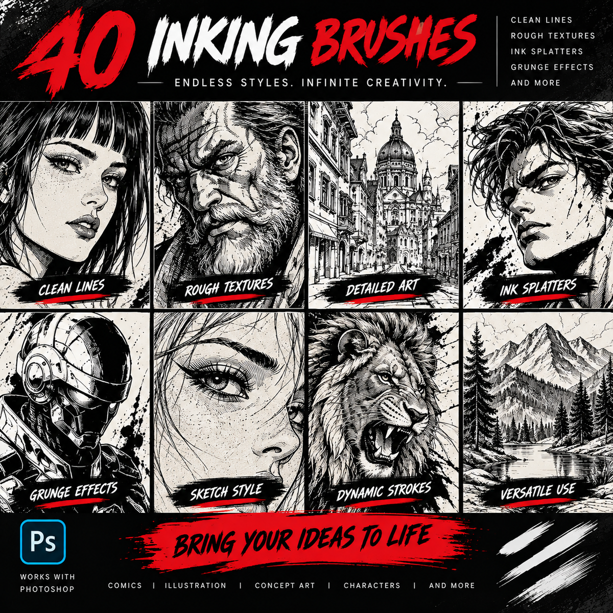 Promotional graphic for a set of 40 digital inking brushes, featuring a grid of eight black and white comic-style illustrations demonstrating different brush effects like clean lines, rough textures, sketch style, and grunge effects. The top has bold red and black text reading '40 INKING BRUSHES' and a Photoshop 'Ps' logo at the bottom left.