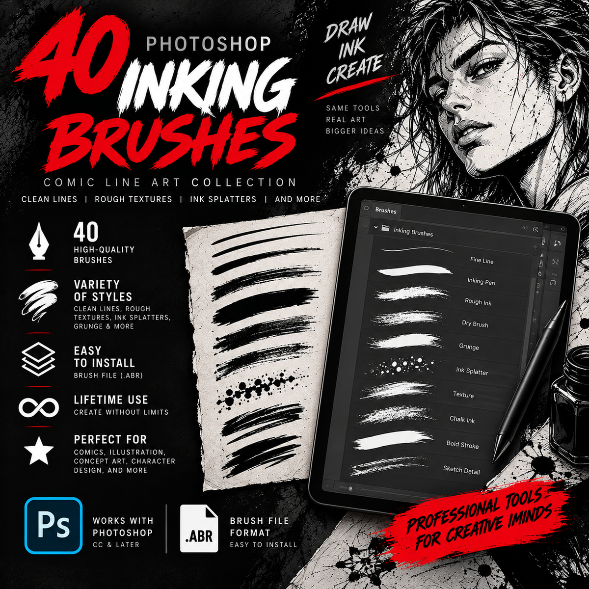 Promotional graphic for a Photoshop brush pack titled '40 Inking Brushes' with comic line art. The design includes a black-and-white illustrated portrait, an open sketchbook showing brush strokes, a tablet displaying brush samples, and text describing the collection.