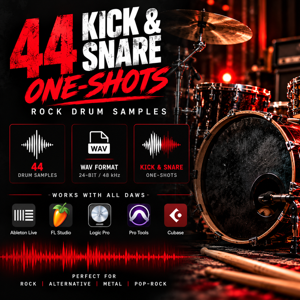 Promotional graphic for a music sample pack titled '44 Kick & Snare One-Shots' for rock drums. The design features a dramatic red-lit drum kit background, bold white and red typography, and feature callouts for 44 drum samples, WAV format, kick and snare one-shots, compatibility with Ableton Live, FL Studio, Logic Pro, Pro Tools, and Cubase, and suitability for rock, alternative, metal, and pop-rock genres.