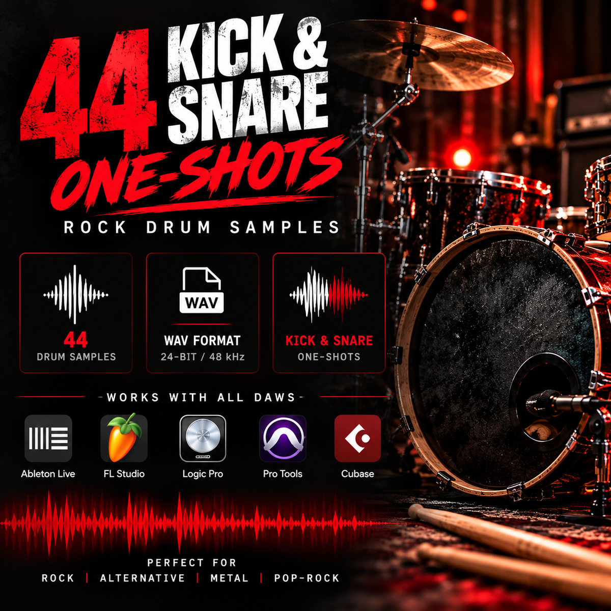 Promotional graphic for a music sample pack titled '44 Kick & Snare One-Shots' for rock drums. The design features a dramatic red-lit drum kit background, bold white and red typography, and feature callouts for 44 drum samples, WAV format, kick and snare one-shots, compatibility with Ableton Live, FL Studio, Logic Pro, Pro Tools, and Cubase, and suitability for rock, alternative, metal, and pop-rock genres.