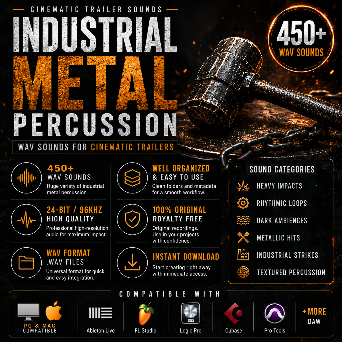 Industrial metal percussion WAV sound pack with 450+ sounds, WAV format and high-resolution audio