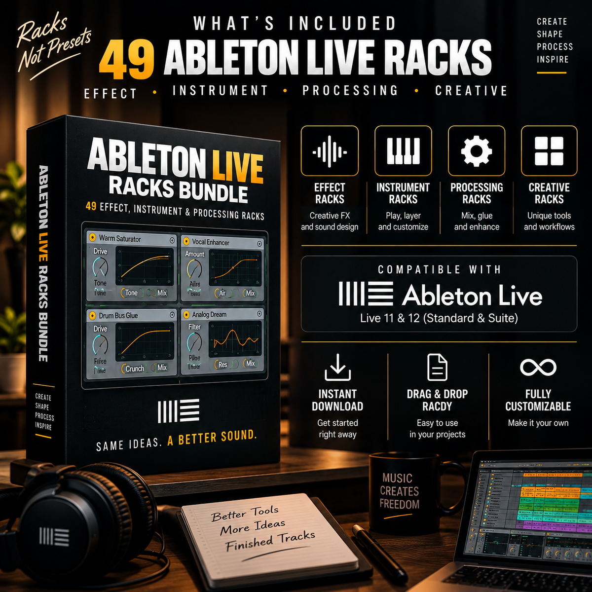 Promotional graphic for the Ableton Live Racks Bundle, showing a black product box with colorful rack visualizers, a laptop with audio software, headphones, and a notebook on a dark studio background. Text highlights 49 included racks, compatibility with Ableton Live 11 & 12, and features like instant download and drag-and-drop racks.