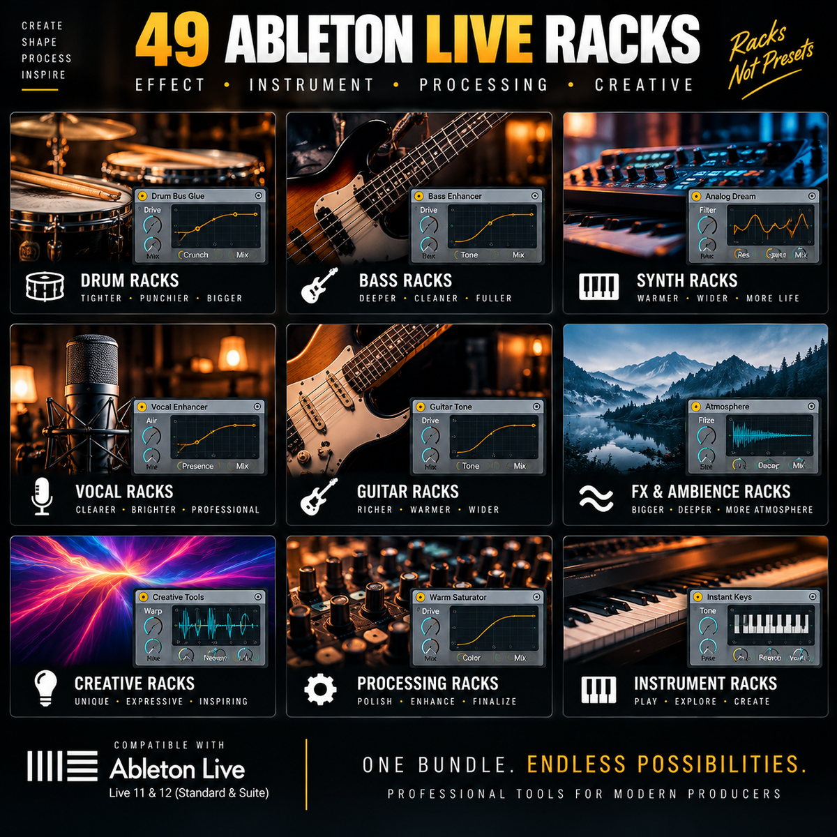 Promotional graphic for a bundle of 49 Ableton Live racks, organized in a 3x3 grid with category headers including Drum Racks, Bass Racks, Synth Racks, Vocal Racks, Guitar Racks, FX & Ambience Racks, Creative Racks, Processing Racks, and Instrument Racks. Each tile shows a software interface preview with a small Ableton Live logo.