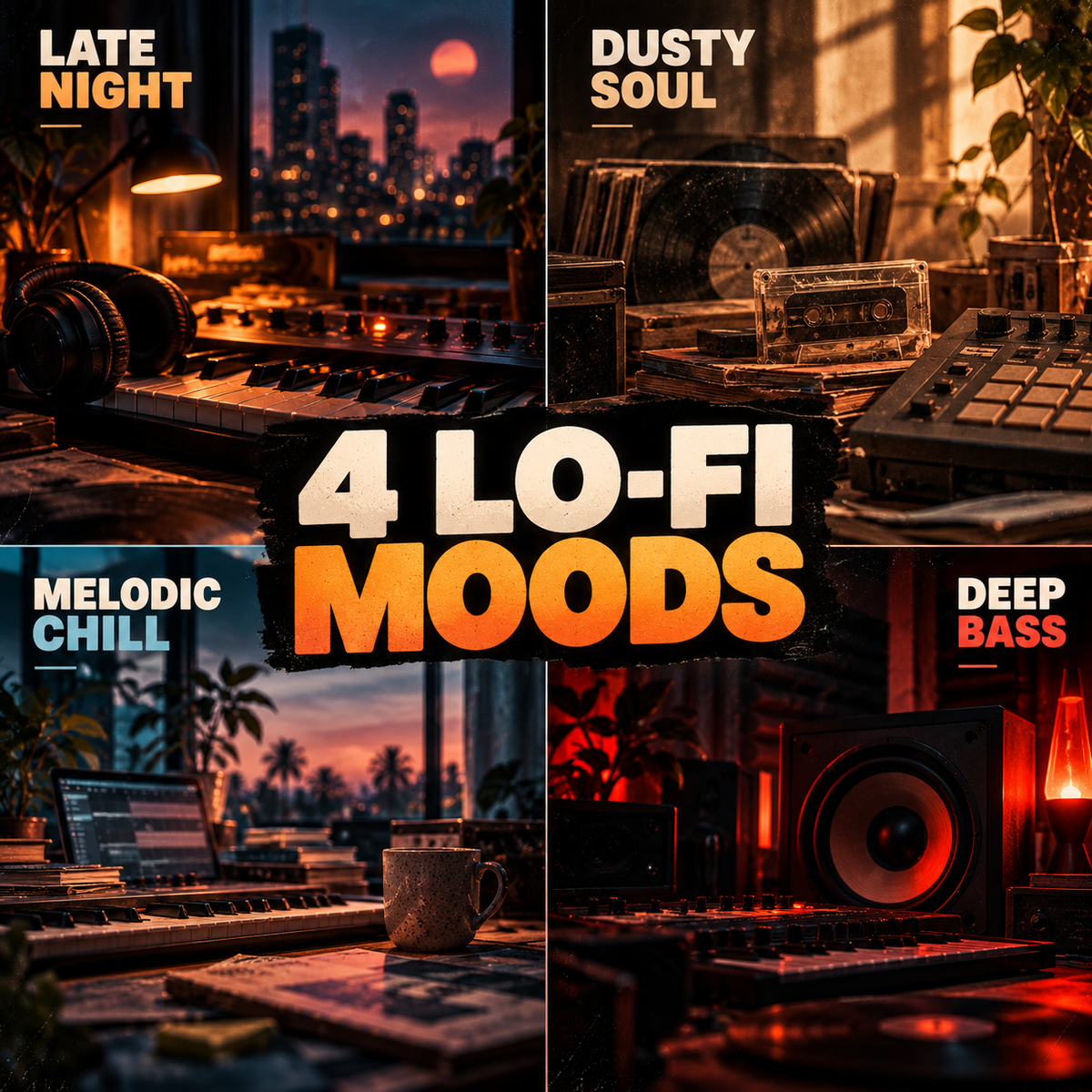 A four-panel promotional graphic for a music sample pack titled "4 LO-FI MOODS." The panels show moody music-room scenes with keyboards, turntables, speakers, vinyl records, cassette tapes, a mug, and text labels reading "LATE NIGHT," "DUSTY SOUL," "MELODIC CHILL," and "DEEP BASS.