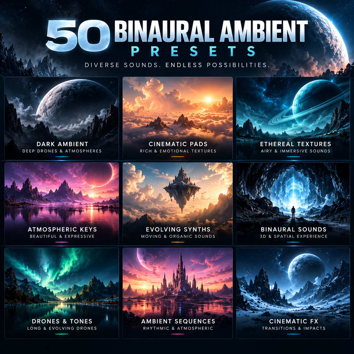 50 binaural ambient presets for Omnisphere 2 and 3 showcasing dark ambient drones, cinematic pads, ethereal textures, evolving synths, and immersive soundscapes.